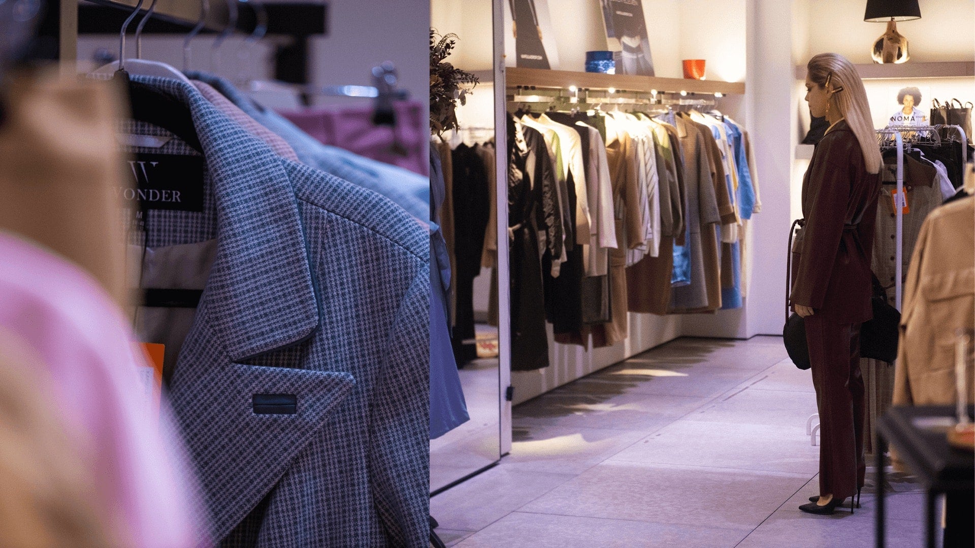 Woman browsing clothing rack in a modern fashion boutique